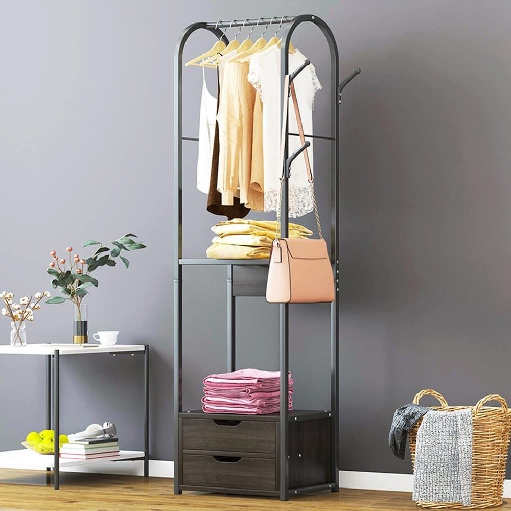 Coat Rack Freestanding Coat Rack Freestanding, Large Coat Rack with 3 Hooks and Storage Box, Multifunctional Steel Rack with 2 Drawers Hallway/Entrance Hanger Brackets ( Color : 1 , Size : 51*30*170cm