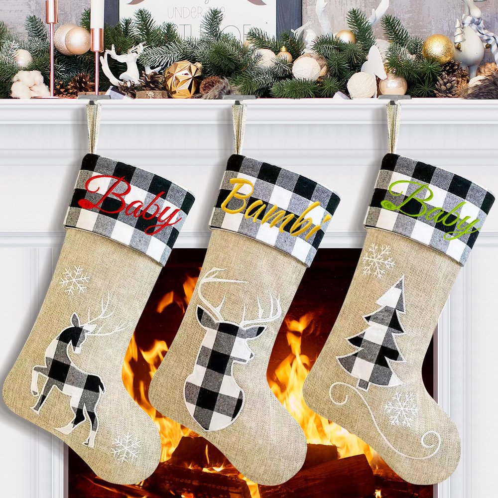 DegGod 6 Pack Personalized Christmas Stockings, 22 inches Burlap White Black Buffalo Plaid Custom Embroidery Xmas Stocking with Xmas Tree, Elk, Deer Head Patterns Hanging Ornament for Xmas Decoration