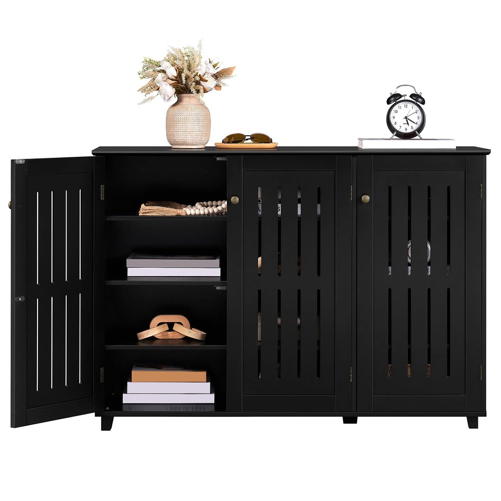 Yaheetech Shoe Storage Cabinet Floor Storage Organizer Wooden Cabinet with 3 Doors Adjustable Shelf for Entryway Living Room Home Office Black