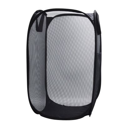 HONOMA Sturdy Mesh Laundry Hamper Basket Bag,Pop up Basket with Side Pocket for Laundry Room, Bathroom, Kids Room, College Dorm or Travel (Pop Vertical, Black)