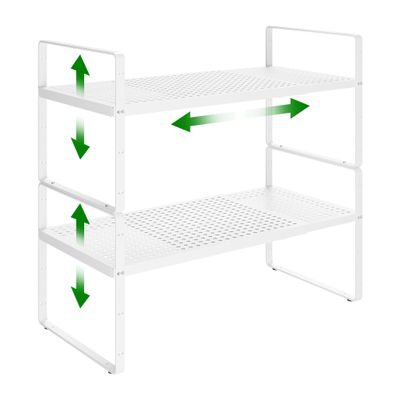 LOCVCDA Expandable Kitchen Cabinet Shelf Organizer Rack Heavy Duty Metal Spice Rack Stackable Kitchen Counter Storage Shelf for Cabinet Pantry Bathroom (White- 16.5"-27" L x 8" W x 9.6" H - 2Pack)
