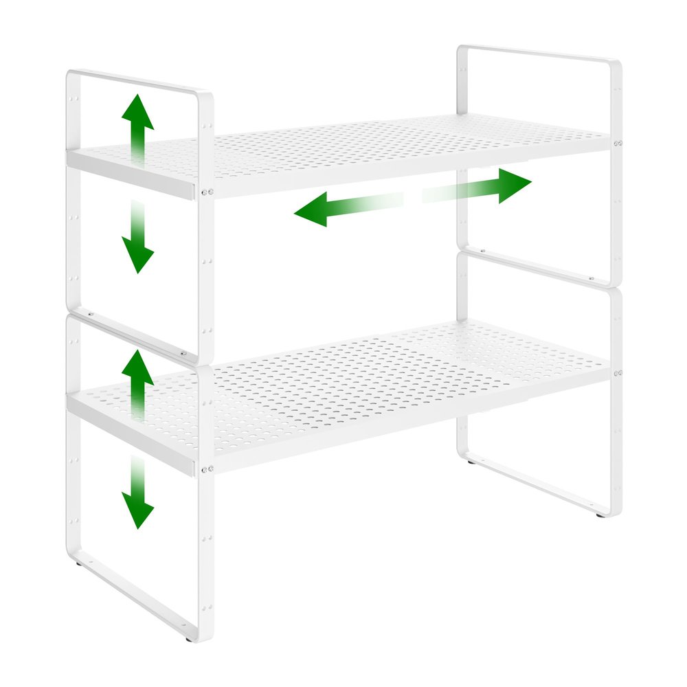 Expandable Kitchen Cabinet Shelf Organizer Rack Heavy Duty Metal Spice Rack Stackable Kitchen Counter Storage Shelf for Cabinet Pantry Bathroom (White - 16.5"-27" L x 10.2" W x 9.6" H - 2Pack)