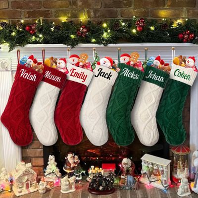 CRSTAFU 5Pcs Christmas Stocking PersonalizedCustom Name Family Christmas Stocking, 18 inch Large Knitted Xmas Stocking for Christmas Holiday Fireplace Decoration