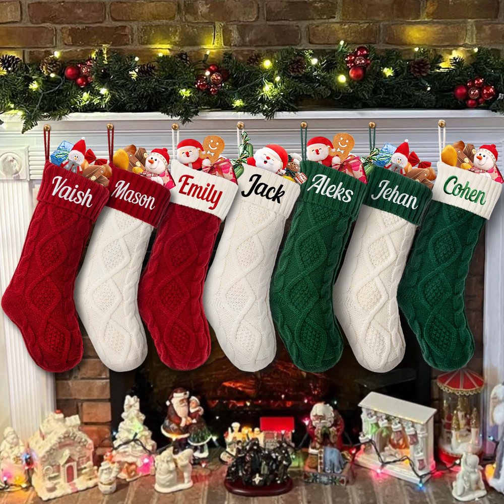 CRSTAFU 5Pcs Christmas Stocking PersonalizedCustom Name Family Christmas Stocking, 18 inch Large Knitted Xmas Stocking for Christmas Holiday Fireplace Decoration