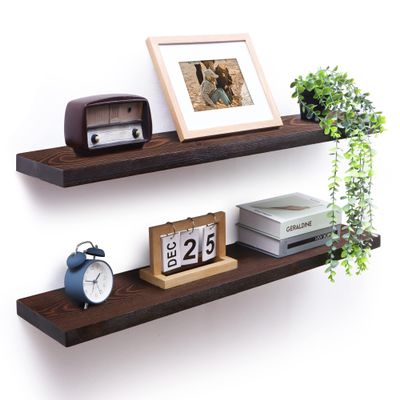 Axeman Floating Shelves for Wall Set of 2-36 Inch Wide x 8 Inch Deep Solid Pine Wood Shelves for Wall - Rustic Floating Wood Shelves for Living Room Bedroom Laundry Room Farmhouse, Dark Walnut