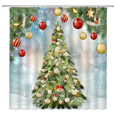 TENVSIN Merry Christmas Shower Curtain Christmas Balls Pine Tree Branches Fantasy Winter Snowflake Xmas Gift Happy New Year Fabric Bathroom Decor Set with Hooks67" Wx70 H