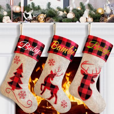 DegGod 6 Pack Personalized Christmas Stockings, 22 inches Burlap Red Black Buffalo Plaid Custom Embroidery Xmas Stocking with Xmas Tree, Elk, Deer Head Patterns Hanging Ornament for Xmas Decoration