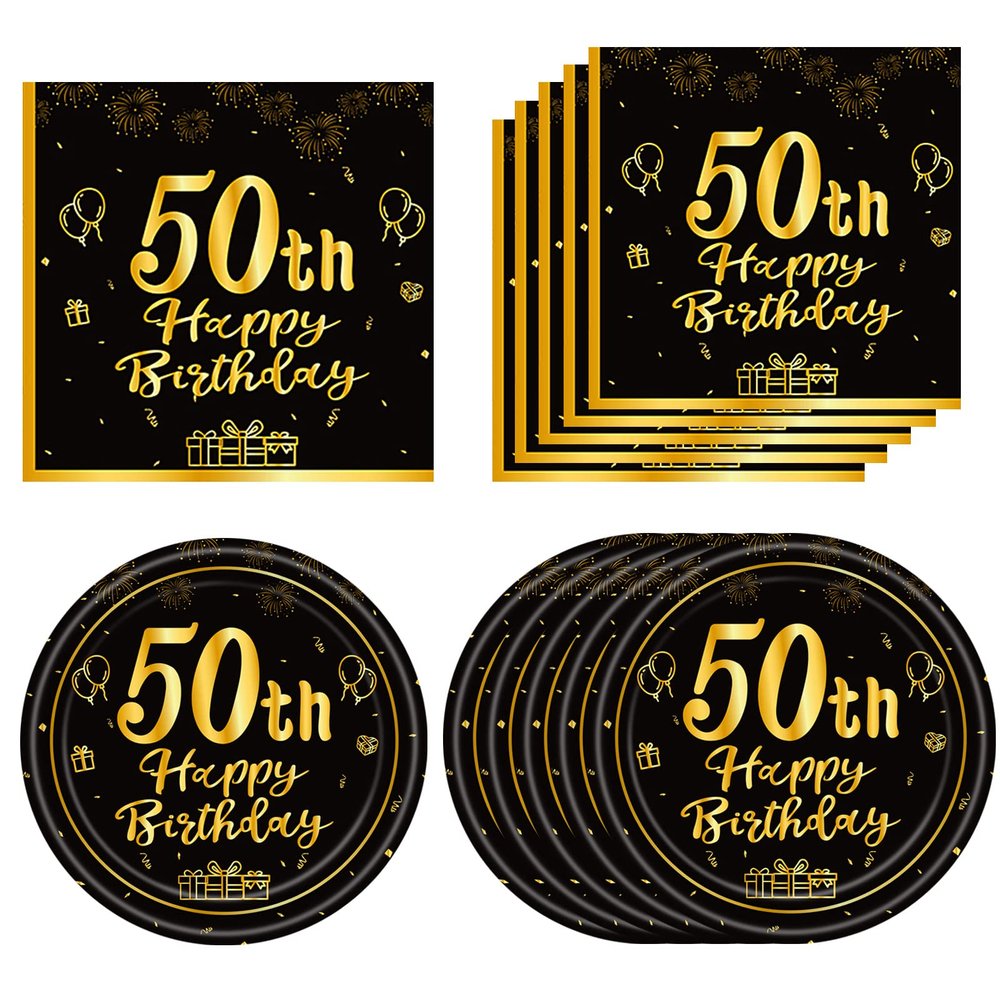 40PCS 50th birthday decorations 50th Birthday Party Tableware Set Include Black and Gold 50th birthday plates and napkins Cheers to 50 Years Decorations for Man Retirement Graduation