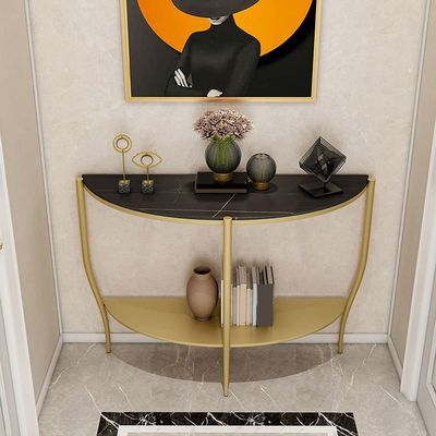 KWOKING Stone Half Moon Console Table 33.46" Tall Legs Included 1 Shelves Porch Table Semi-Circle Wall Porch Table Slate Entry Porch Cabinet Side Table Gold Base Balck Top 47" L x 14" W x 33" H