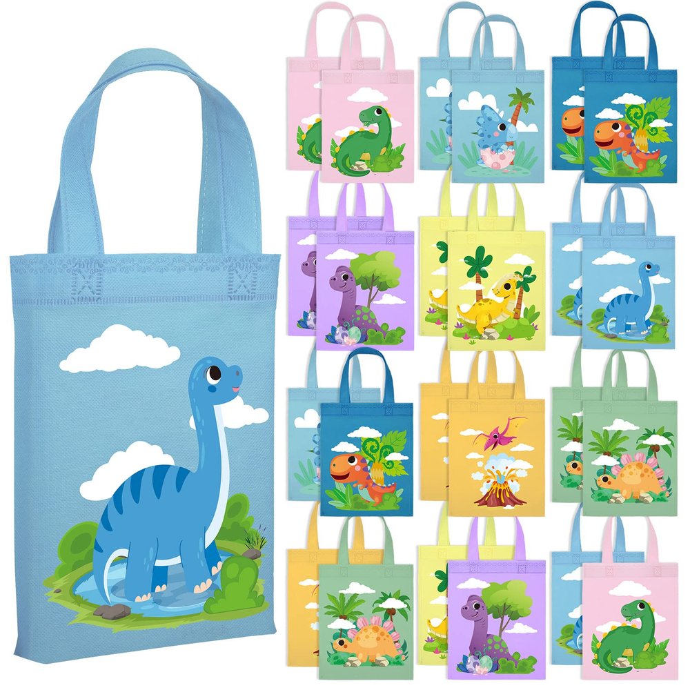 Ferraycle 24 Pcs Dinosaur Party Favor Bags with Handles Dinosaur Birthday Party Supplies Dino Non Woven Goodie Bags Reusable Gift for Kids Boys Girls Candy Goody (Cute)