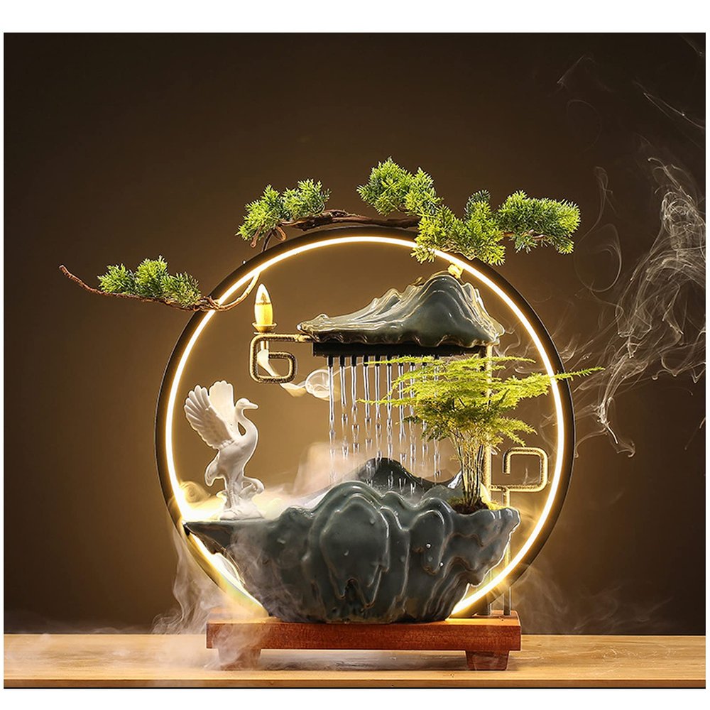 HSINYA Crane Tabletop Water Fountains Indoor Waterfall with LED Light Mist Desk Fountain for Feng Shui Wealth Boom with Mist and Backflow Incense Holder for Meditation Planting