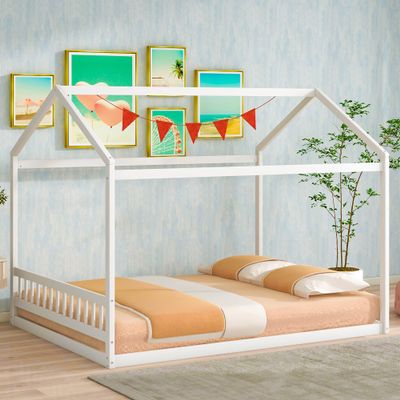 CKLMMC Queen Size Wooden House Bed with Headboard,Wood Low Floor Bed Frame with Roof for Toddler Kids, Can be Decorated with DIY, No Box Spring Needed (White/House*Q)