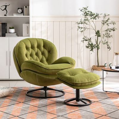CNANXU Accent Chair TV Chair Living Room Chair with Ottoman, Modern Velvet Lounge Chair with Comfy Armchair with Metal Legs, Swivel Leisure Chair for Club,Home Office,Metal Base Frame (Green)