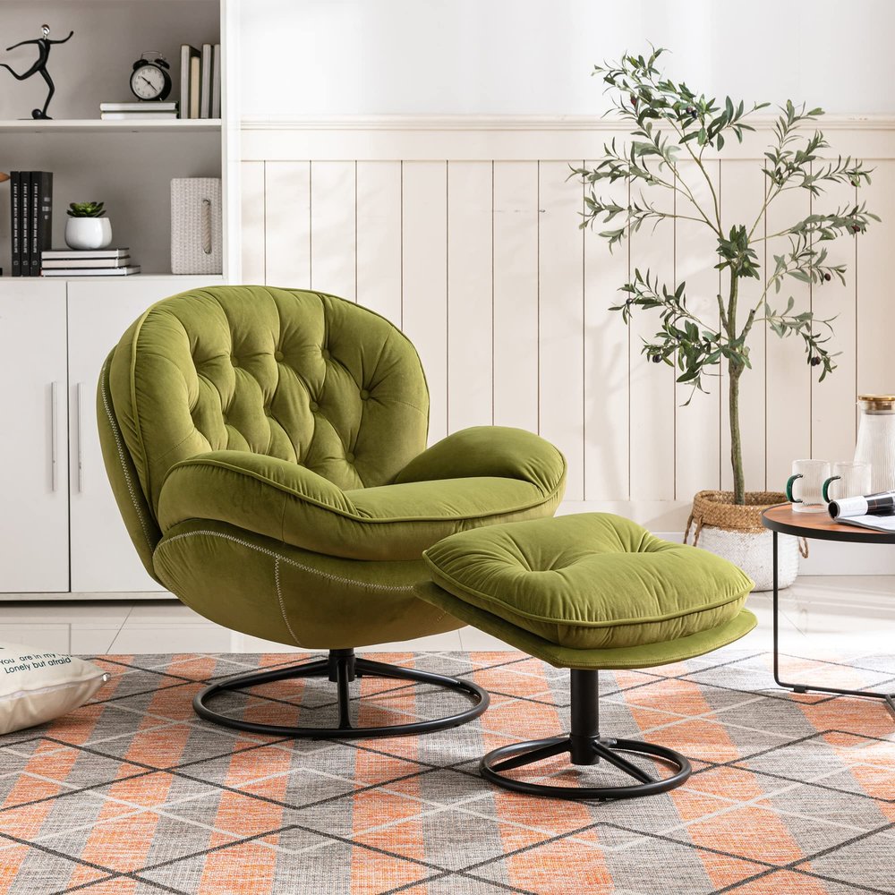 CNANXU Accent Chair TV Chair Living Room Chair with Ottoman, Modern Velvet Lounge Chair with Comfy Armchair with Metal Legs, Swivel Leisure Chair for Club,Home Office,Metal Base Frame (Green)
