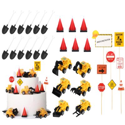 Sratte 40 Pcs Construction Birthday Cake Decorations, Construction Cake Toppers Shovel Spoons Constructions Cone Candles Vehicles Truck and Road Sign Decor Birthday Party Supplies Favors