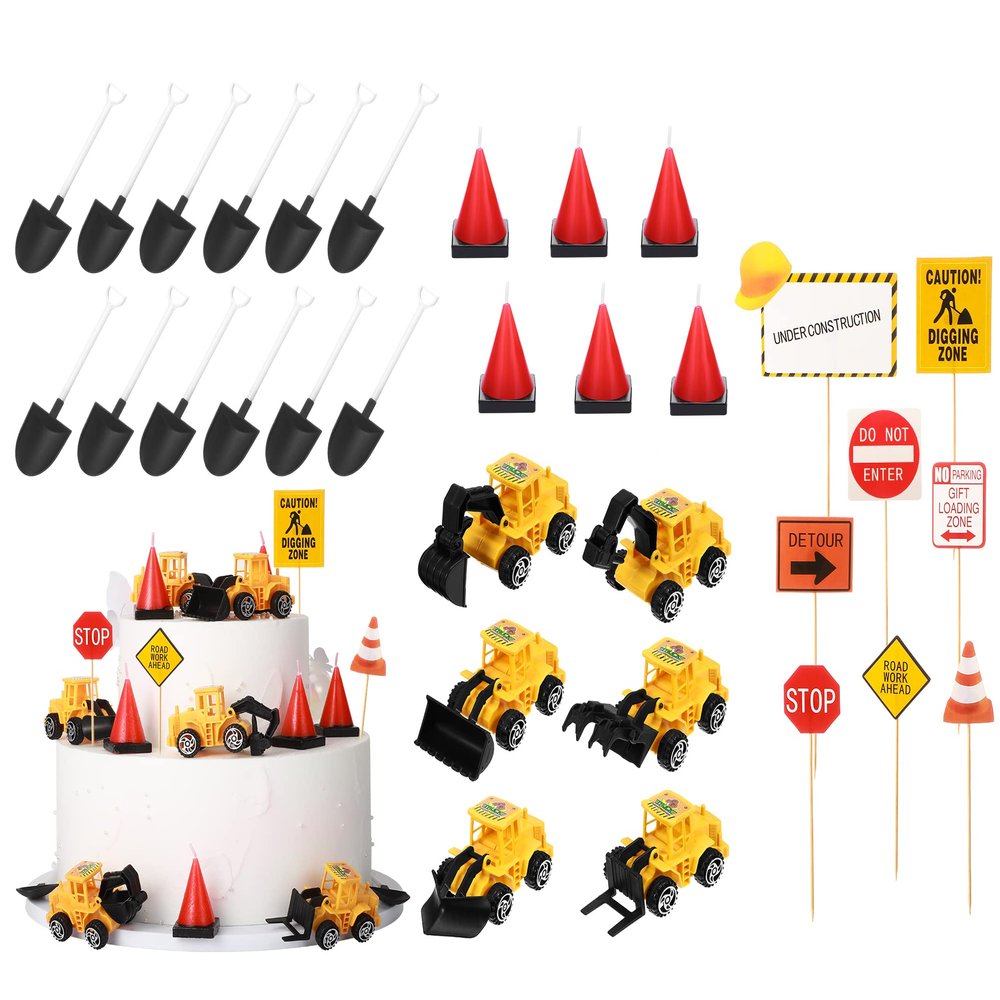Sratte 40 Pcs Construction Birthday Cake Decorations, Construction Cake Toppers Shovel Spoons Constructions Cone Candles Vehicles Truck and Road Sign Decor Birthday Party Supplies Favors
