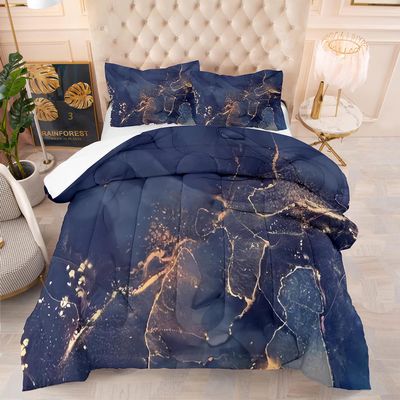 Albideyaa Classic Marble Theme Bedding Comforter Set King Size Navy Blue Gold Printed Pattern Bedding Duvet Set for Boys Girls Teens Ultra Soft Microfiber Quilt Set with 2Pillowcase