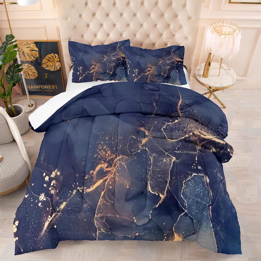 Albideyaa Classic Marble Theme Bedding Comforter Set King Size Navy Blue Gold Printed Pattern Bedding Duvet Set for Boys Girls Teens Ultra Soft Microfiber Quilt Set with 2Pillowcase