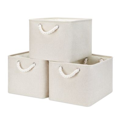 Bidtakay Baskets Collapsible Large Toy Storage Baskets for Organizing Set of 3 Closet Organizer Linen Cream Storage Bins 15 X 11 X 9.5 Inch Shelf Organizer Bins for Nursery Storage (Light Beige)
