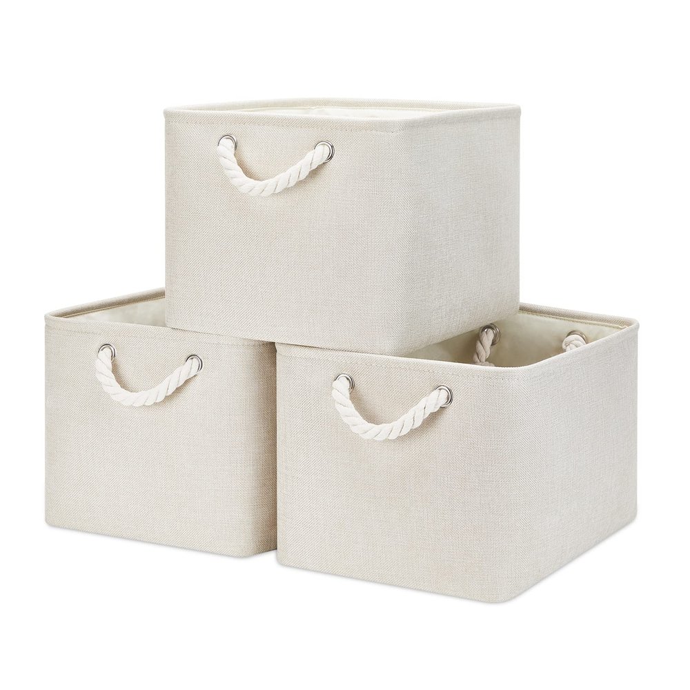 Bidtakay Baskets Collapsible Large Toy Storage Baskets for Organizing Set of 3 Closet Organizer Linen Cream Storage Bins 15 X 11 X 9.5 Inch Shelf Organizer Bins for Nursery Storage (Light Beige)