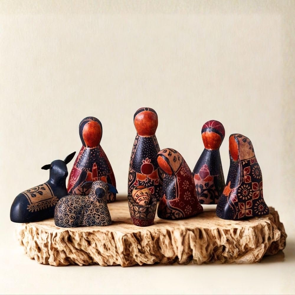 Dear Holidays Black Batik Nativity Set, Christmas Decorations, Collectible Figurines, Xmas Indoor Home Decor - Fireplace Mantel, Desk, Shelf, Wooden Statues, 8pcs