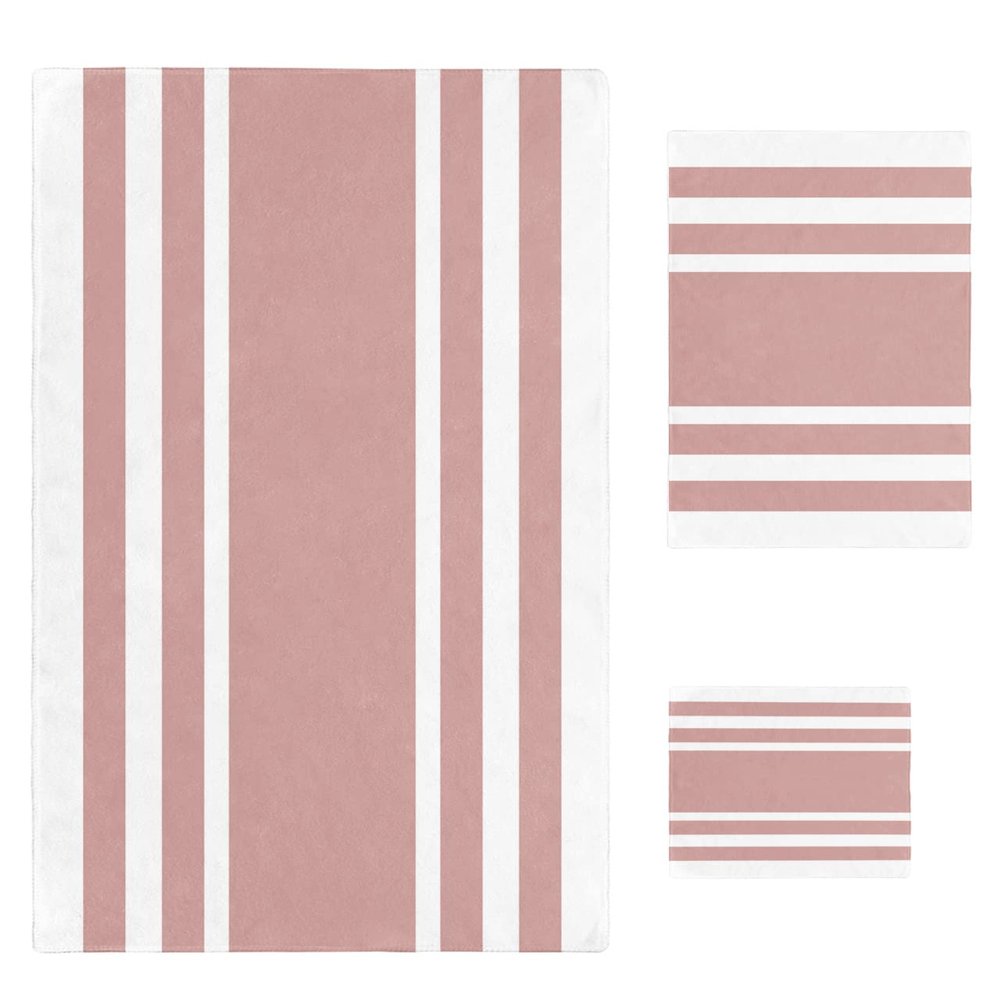 IDOWMAT Soft 3-Piece Towels for Bathroom - Premium Polyester Towel Set - Absorbent Quick Drying Bath Hand Washcloth Towels - Pink Striped