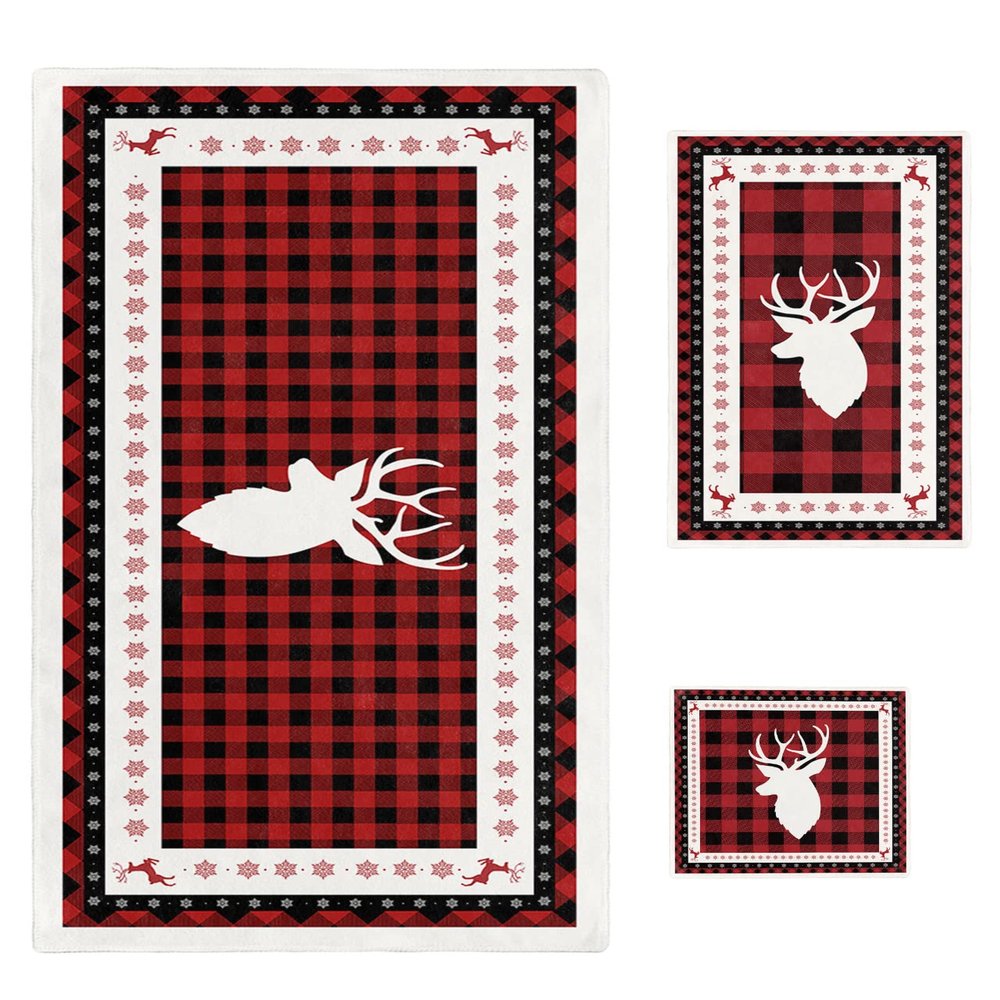IDOWMAT Soft 3-Piece Towels for Bathroom - Premium Polyester Towel Set - Absorbent Quick Drying Bath Hand Washcloth Towels - Christmas Elk Black Red Lattice Background