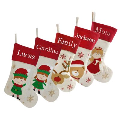 WEWILL Set of 5, 18'' Personalized Christmas Stockings with Embroidery Technology Xmas Customized Elves Angel Bear Elk StockingsHoliday Gifts for Family Kids