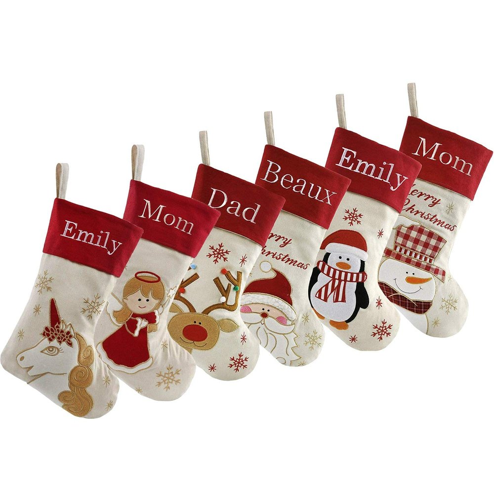 WEWILL Set of 6, 18'' Personalized Christmas Stockings with Embroidery Technology Xmas Customized Stockings for Family Kids