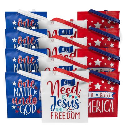 Fun Express 15" x 17" Large Faith Fourth of July Nonwoven Tote Bags - 12 Pieces