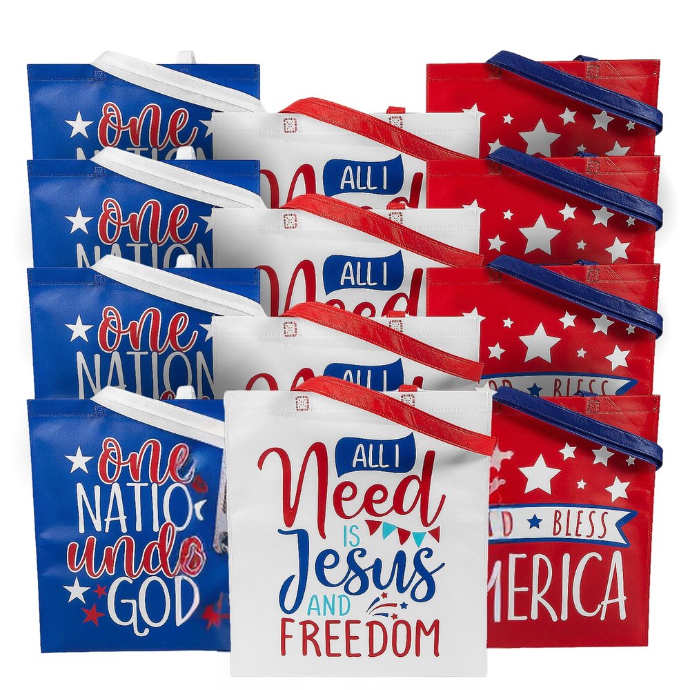 Fun Express 15" x 17" Large Faith Fourth of July Nonwoven Tote Bags - 12 Pieces