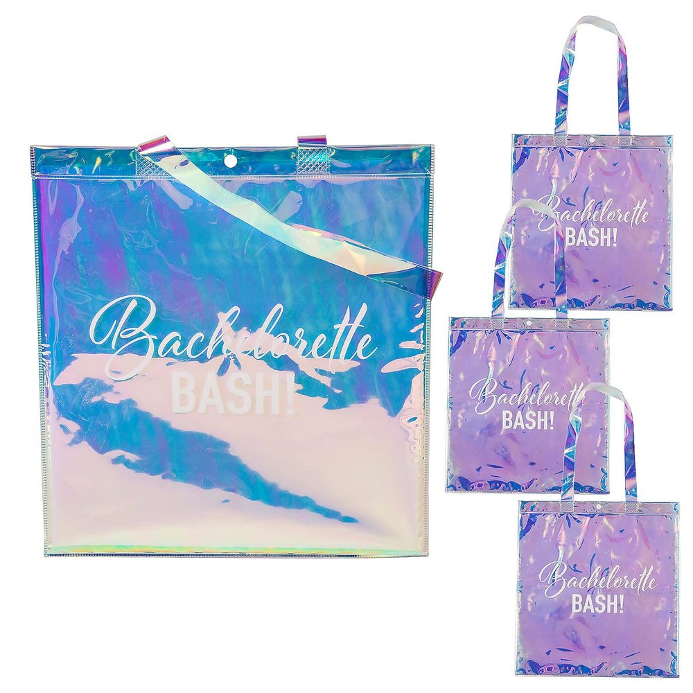 Fun Express 15" x 16" Large Clear Iridescent Bachelorette Vinyl Tote Bags - 3 Pieces