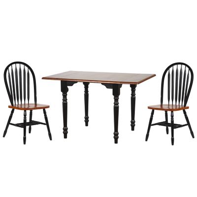 Sunset Trading Selections 3 Piece 48" Rectangular Extendable Dining Windsor Arrowback Chairs | Drop Leaf Table Solid Wood Dinette Set, 3 Size Expandable, Seats 4, Distressed Antique Black with Cherry