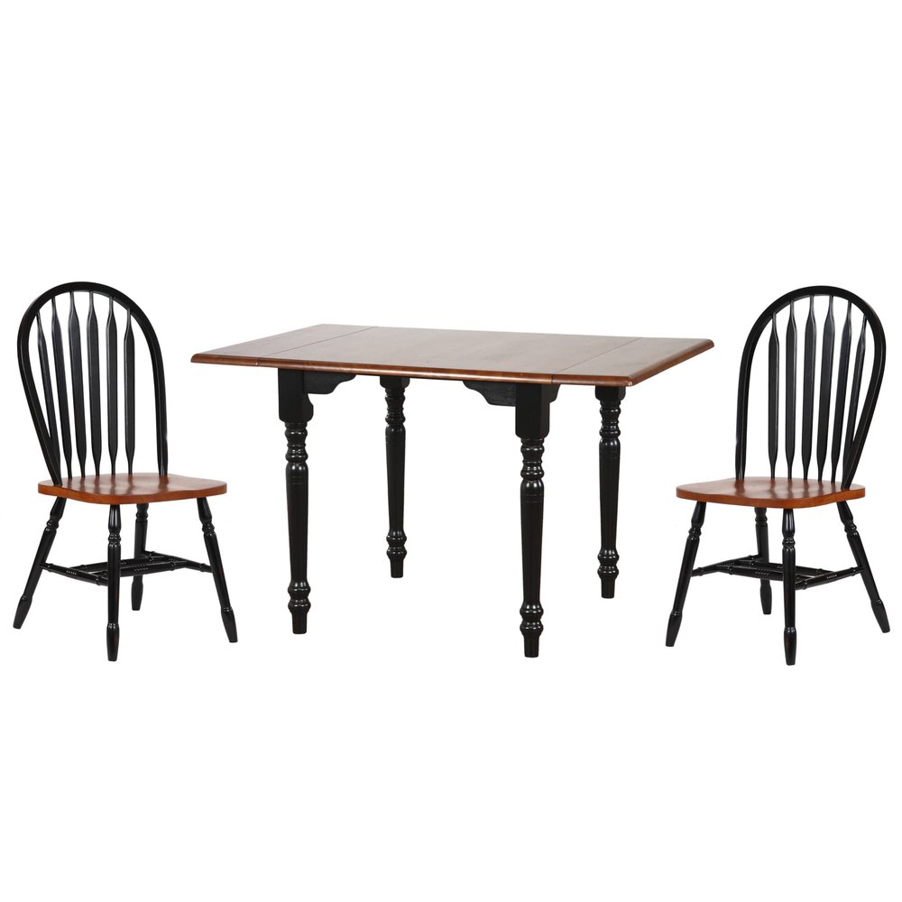 Sunset Trading Selections 3 Piece 48" Rectangular Extendable Dining Windsor Arrowback Chairs | Drop Leaf Table Solid Wood Dinette Set, 3 Size Expandable, Seats 4, Distressed Antique Black with Cherry