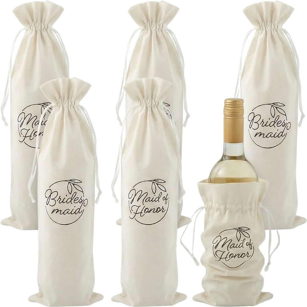 Fun Express Maid of Honor & Bridesmaid Wine Drawstring Bags - 6 Pieces