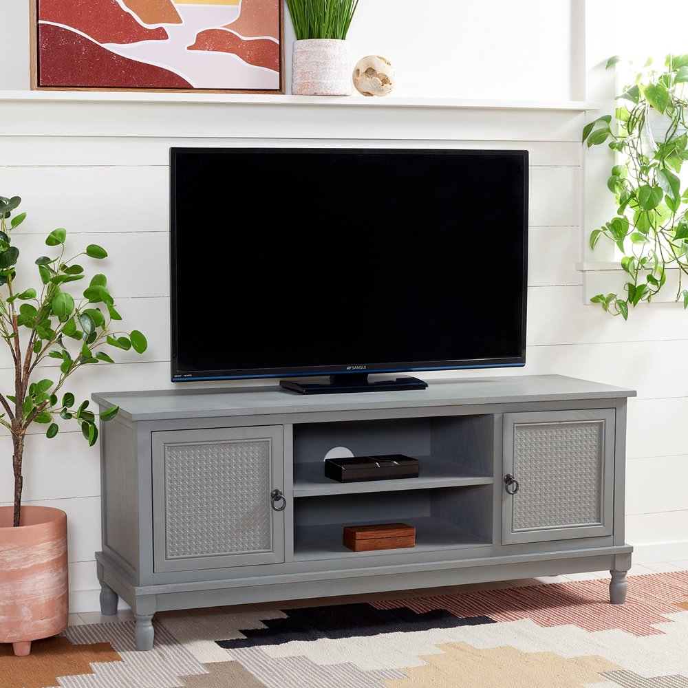 SAFAVIEH Haines TV Stand for up to 55" Flatscreen Distressed Grey, 2 Doors with Interior Storage, 2 Open Shelves, Entertainment Media Console (MED5709B)
