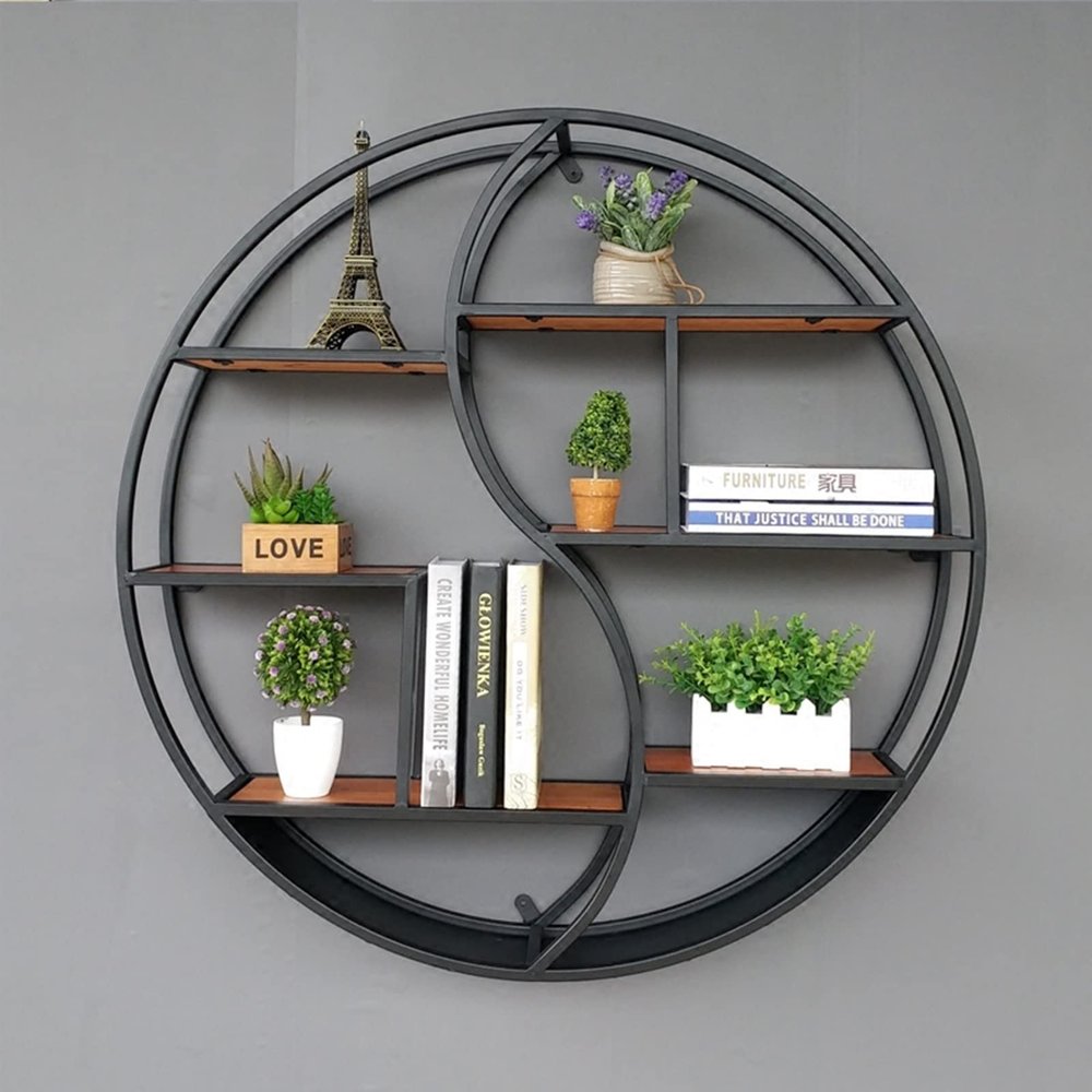 Drsyffsup Round Floating Shelves Wall Mounted Hanging Shelf Rustic Farmhouse Wall Storage Decor Rack for Living Room,Bedroom,Bathroom,Kitchen | Metal Bracket and Natural Wood (Size : 68x16x68cm)