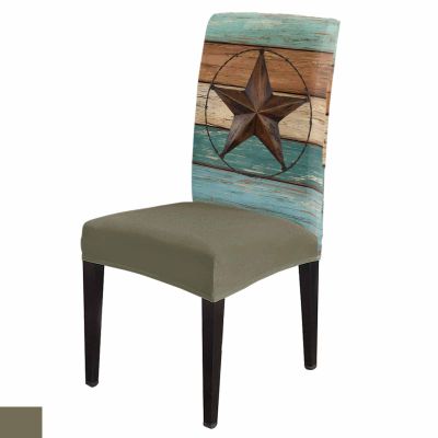 8PCS Dining Chair Covers Stretch Spandex Slipcovers Farm Rustic Western Star Removable Washable Dining Room Seat Cover Cushion Protector for Home Hotel Banquet Decor Retro Brown Teal Wooden Board