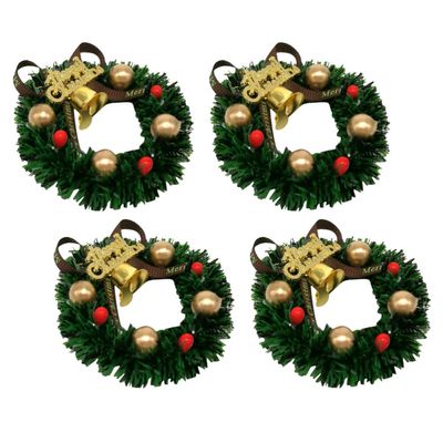 4Pcs Mini Christmas Wreaths Small Wreath for Craft Dollhouse Garland Winter Snow Ornaments with Gold Bells Red Berries for Cabinet Windows Kitchen Festive Decor