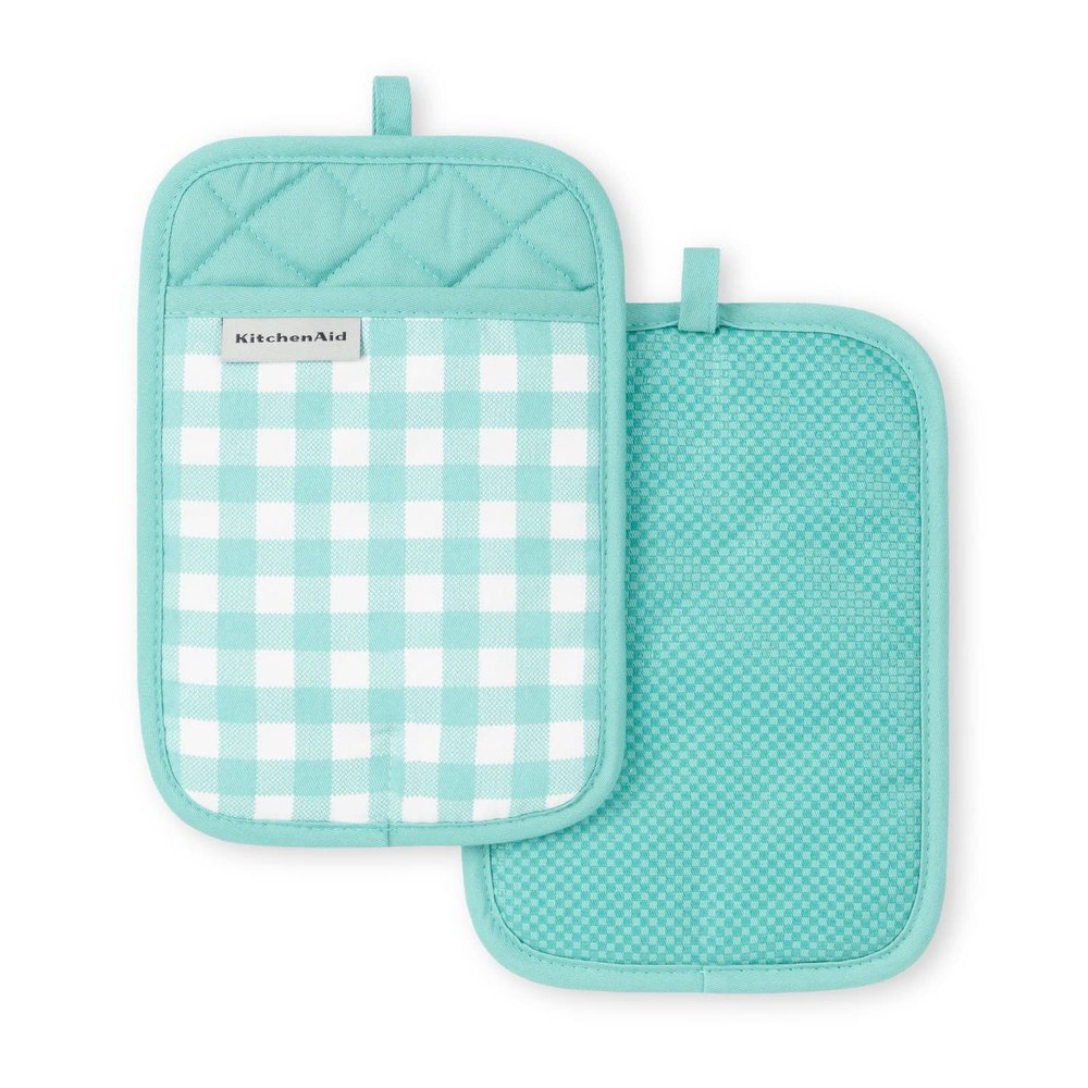 KitchenAid Gingham Pot Holder 2-Pack Set, Aqua Sky, 7"x10"