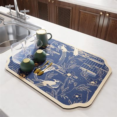 Lifup Soft Diatom Mud Dish Drying Mat for Multiple Usage, Rubber Backed Absorbent Quick Dry Mat for Kitchen or Bathroom Blue Birds 11.8" x 15.7"