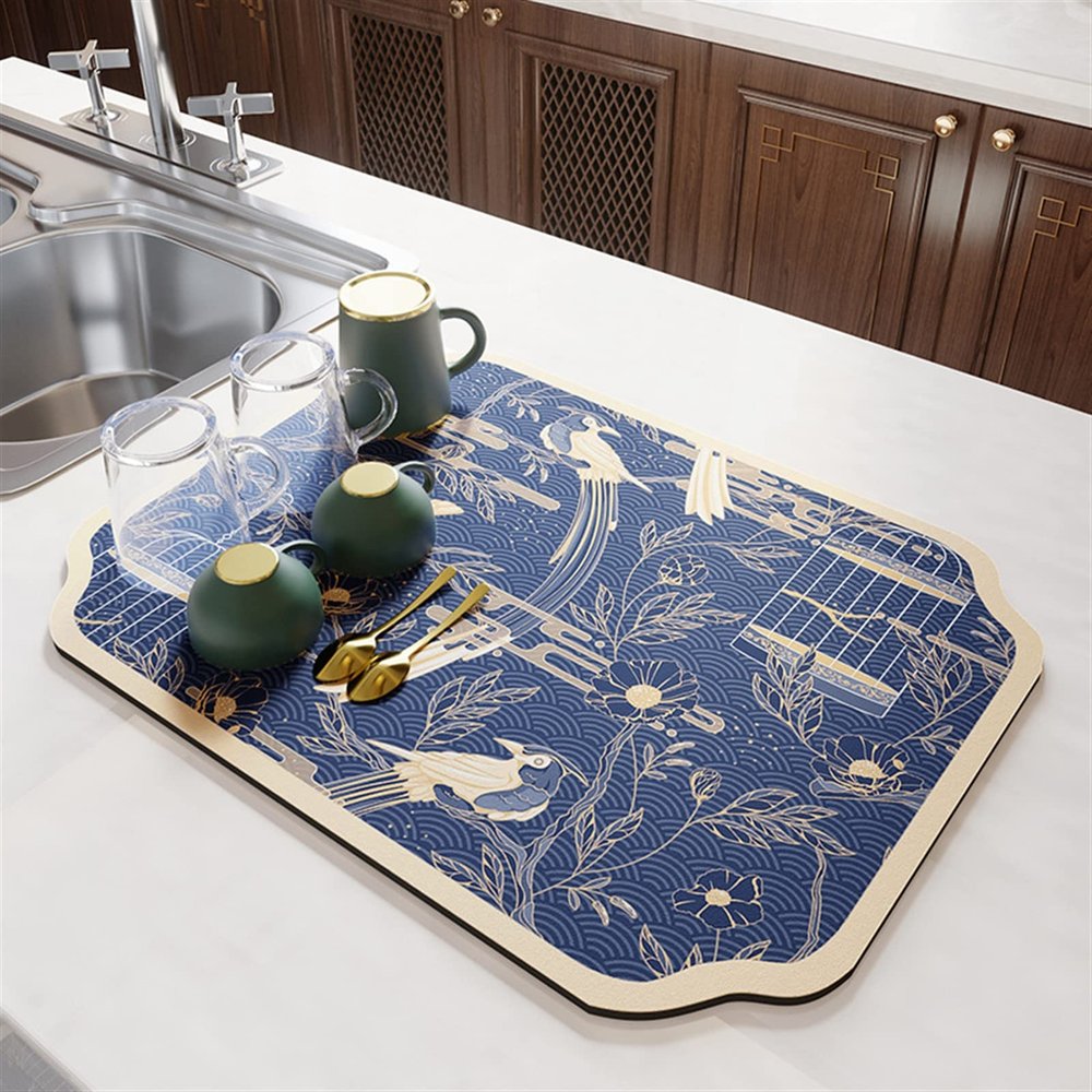 Lifup Soft Diatom Mud Dish Drying Mat for Multiple Usage, Rubber Backed Absorbent Quick Dry Mat for Kitchen or Bathroom Blue Birds 11.8" x 15.7"