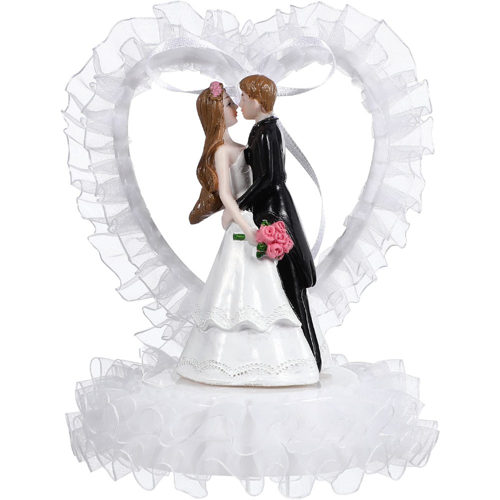 Abaodam Bride and Groom Cake Decoration Heart-shaped Ornament for Wedding Dessert Table Romantic and Gauze Adornment for Wedding Parties and Celebrations