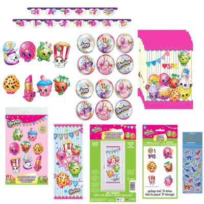 Shopkins Birthday Party Supplies Bundle Pack includes 1 Happy Birthday Banner, 1 Door Poster, 8 Photo Props, 8 Loot Bags, 8 BounceBalls, 24Tattoos, 1 Dinosaur Sticker Sheet