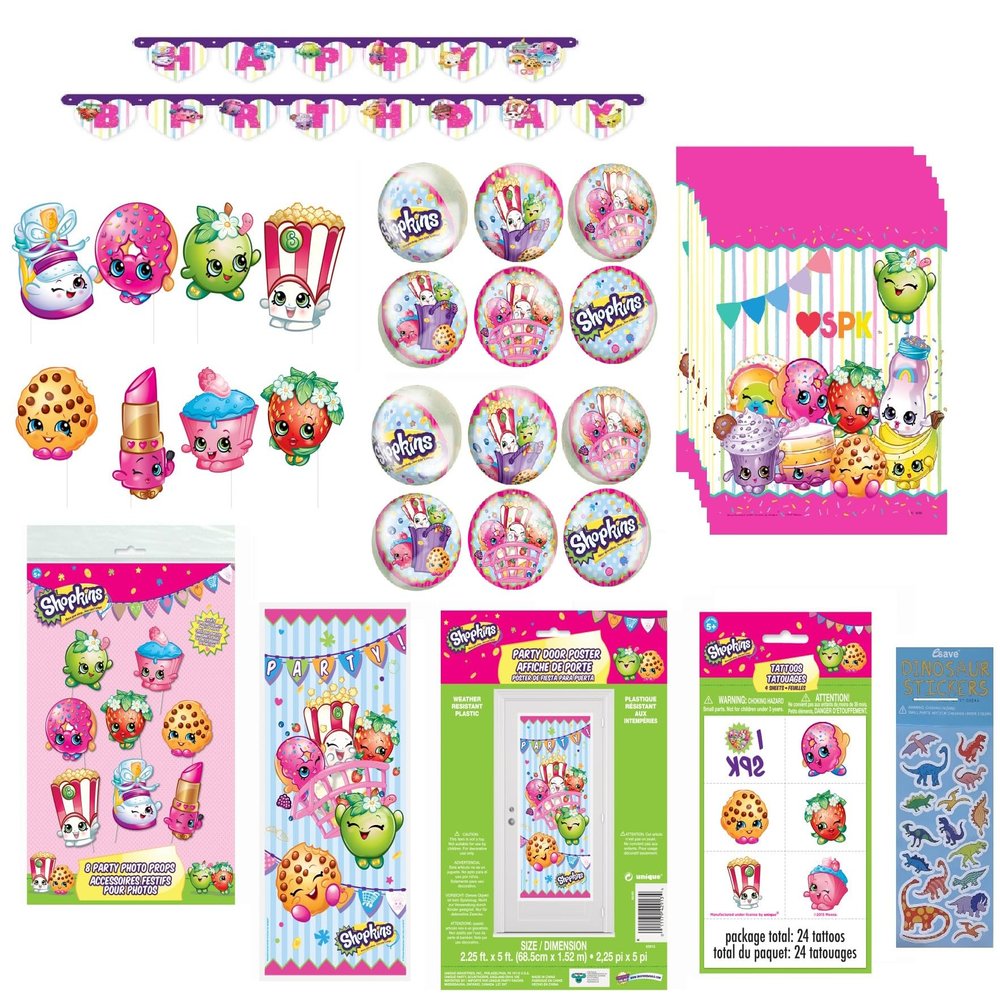 Shopkins Birthday Party Supplies Bundle Pack includes 1 Happy Birthday Banner, 1 Door Poster, 8 Photo Props, 8 Loot Bags, 8 BounceBalls, 24Tattoos, 1 Dinosaur Sticker Sheet