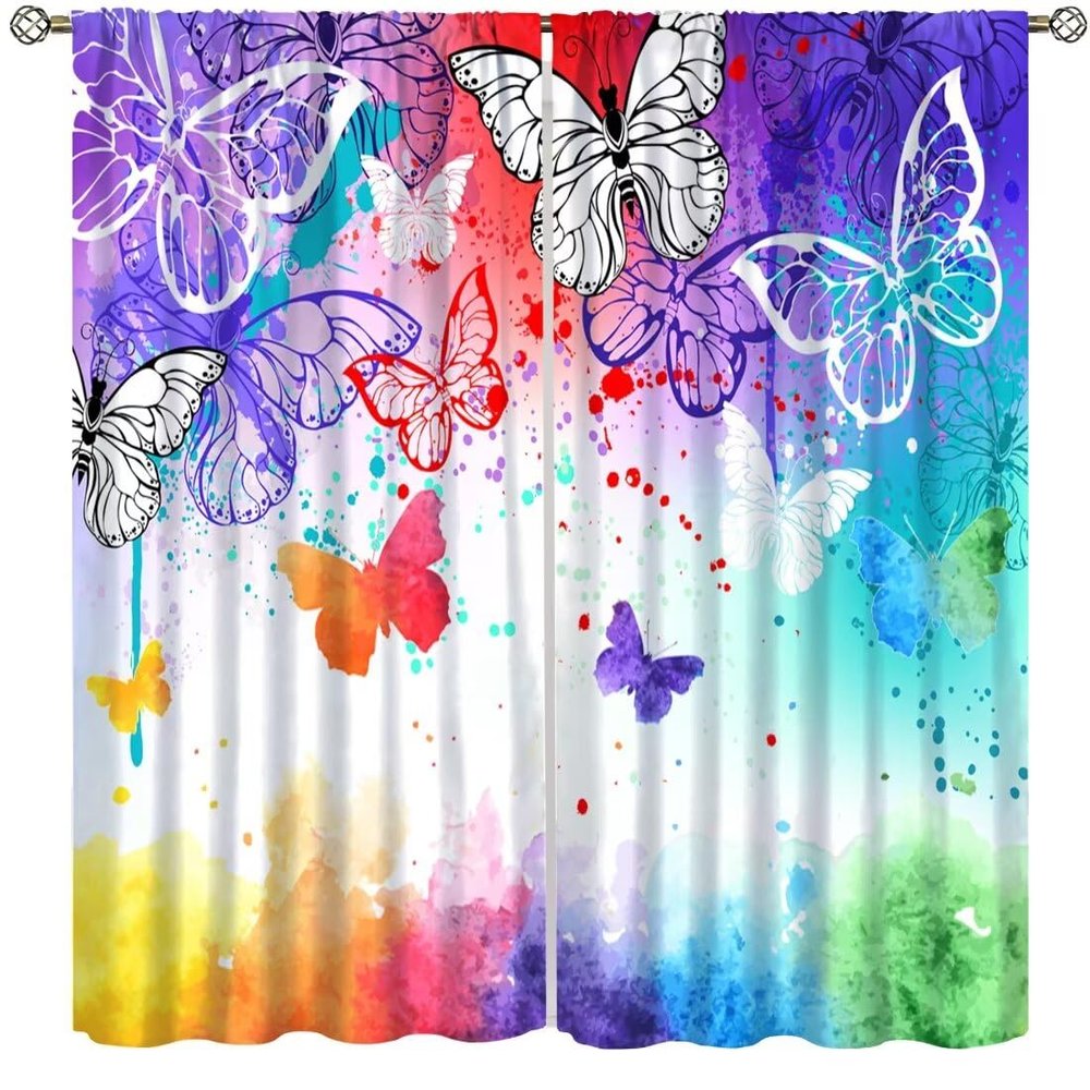 Colourful Butterfly Window Curtains, Red Purple Abstract Art Printed Cafe Dcor, Window Drapes 2 Panel Set,Total Size 72" x 63"