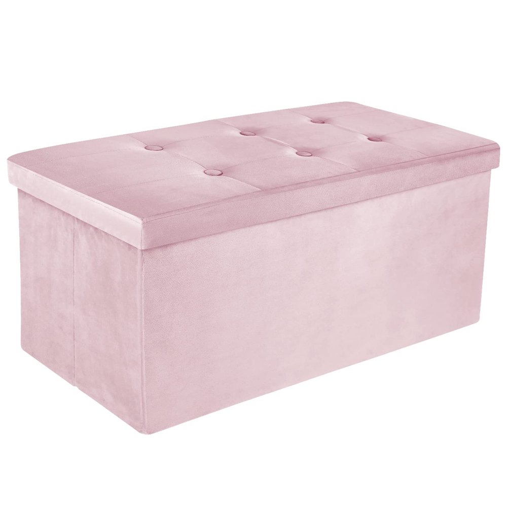 ECOMEX Folding Storage Ottoman, 30 Inch Storage Bench Velvet Ottoman Foot Rest with Foam Padded Seat in Pink