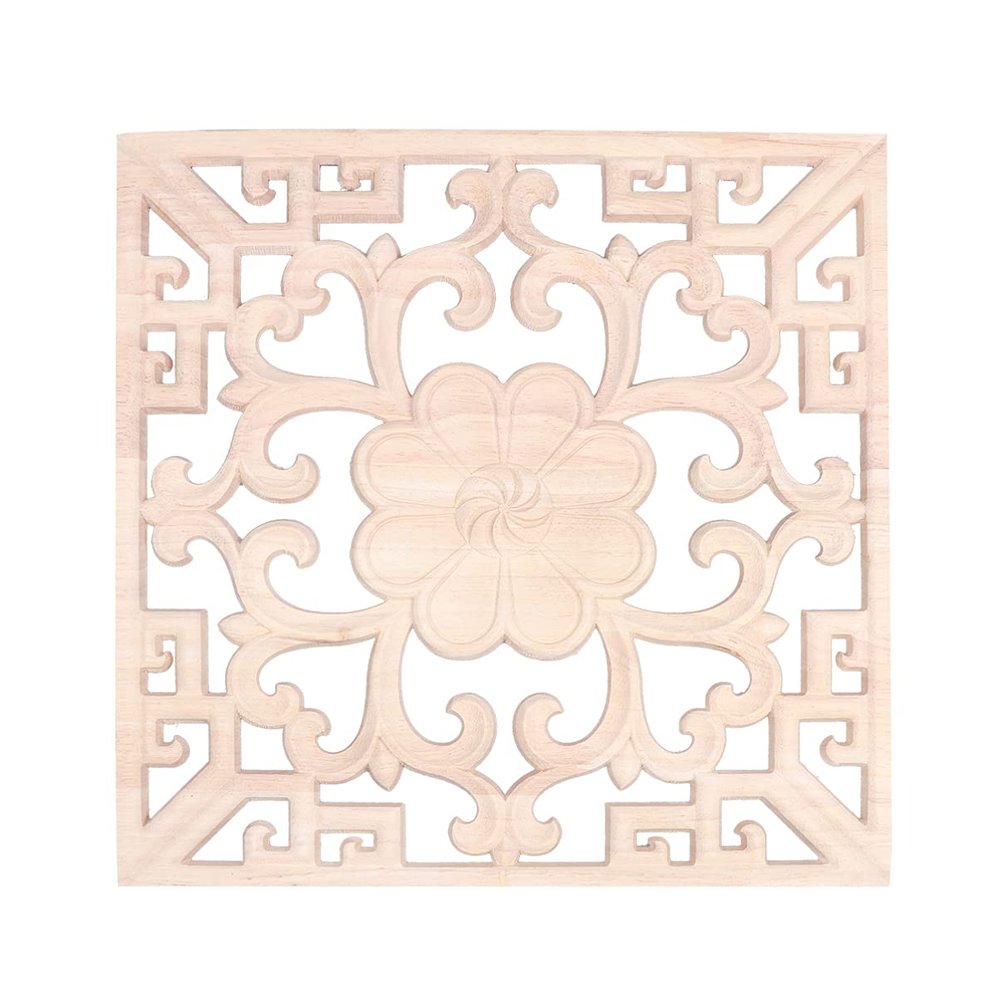 FOMIYES Square Wood Onlay Decorative Flower Applique for Living Room Unpainted Carved Decor for Home