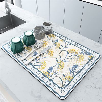 Lifup Soft Diatom Mud Dish Drying Mat for Multiple Usage, Rubber Backed Absorbent Quick Dry Mat for Kitchen or Bathroom Blue Flowers 11.8" x 15.7"
