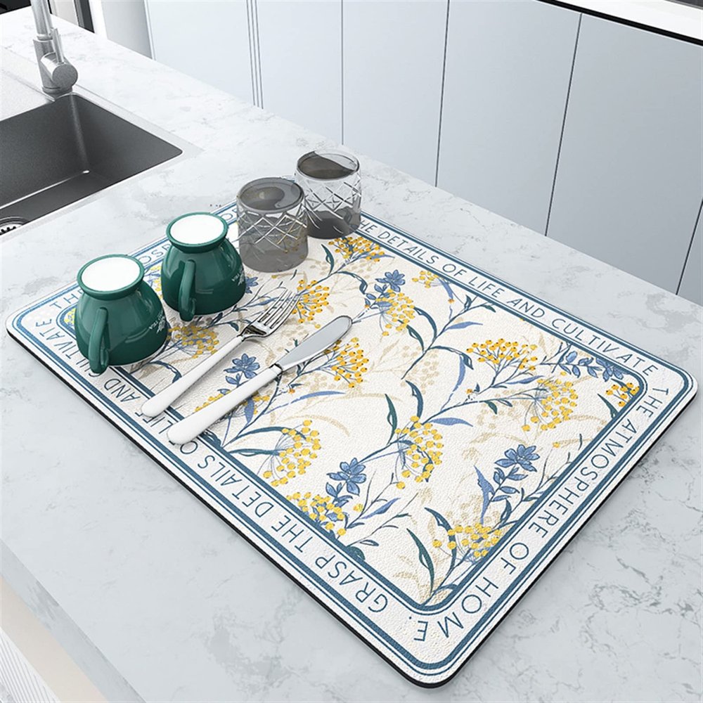 Lifup Soft Diatom Mud Dish Drying Mat for Multiple Usage, Rubber Backed Absorbent Quick Dry Mat for Kitchen or Bathroom Blue Flowers 11.8" x 15.7"